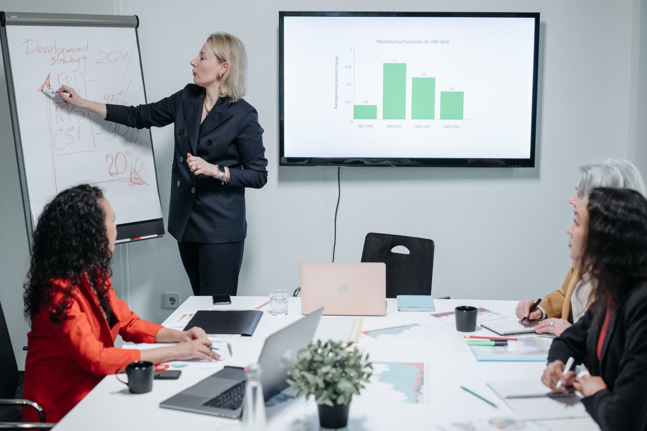 Office meeting with diverse team, discussing strategy and productivity using charts on a whiteboard and screen.